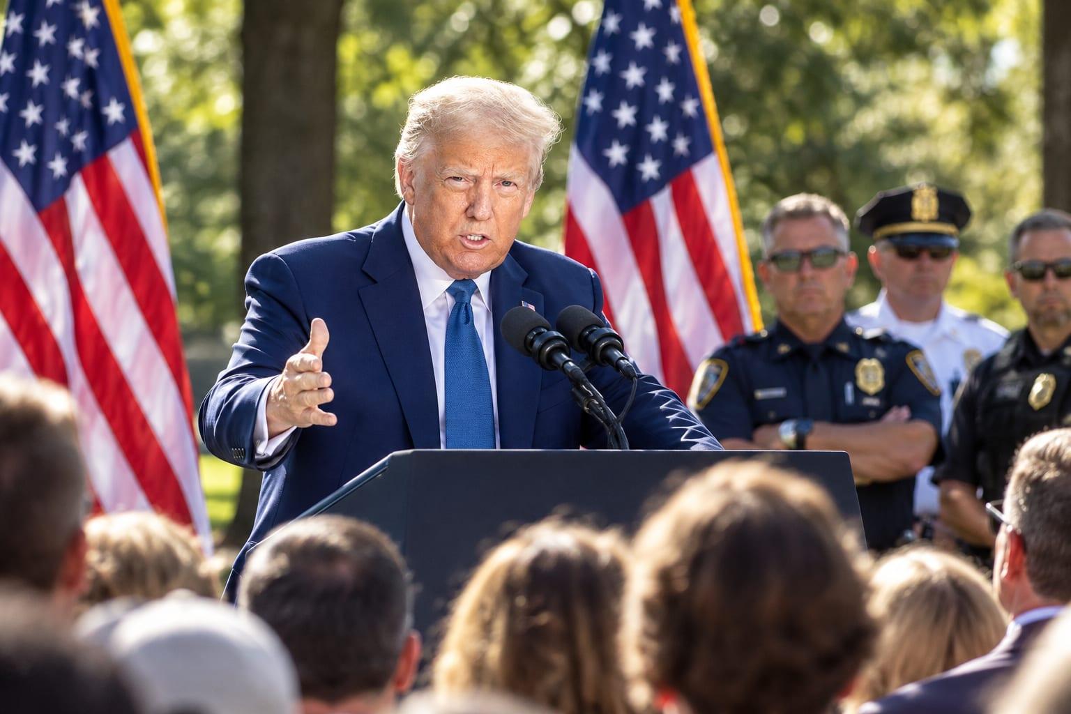 President Trump emphasizes law enforcement support amid nationwide crime reduction claims.