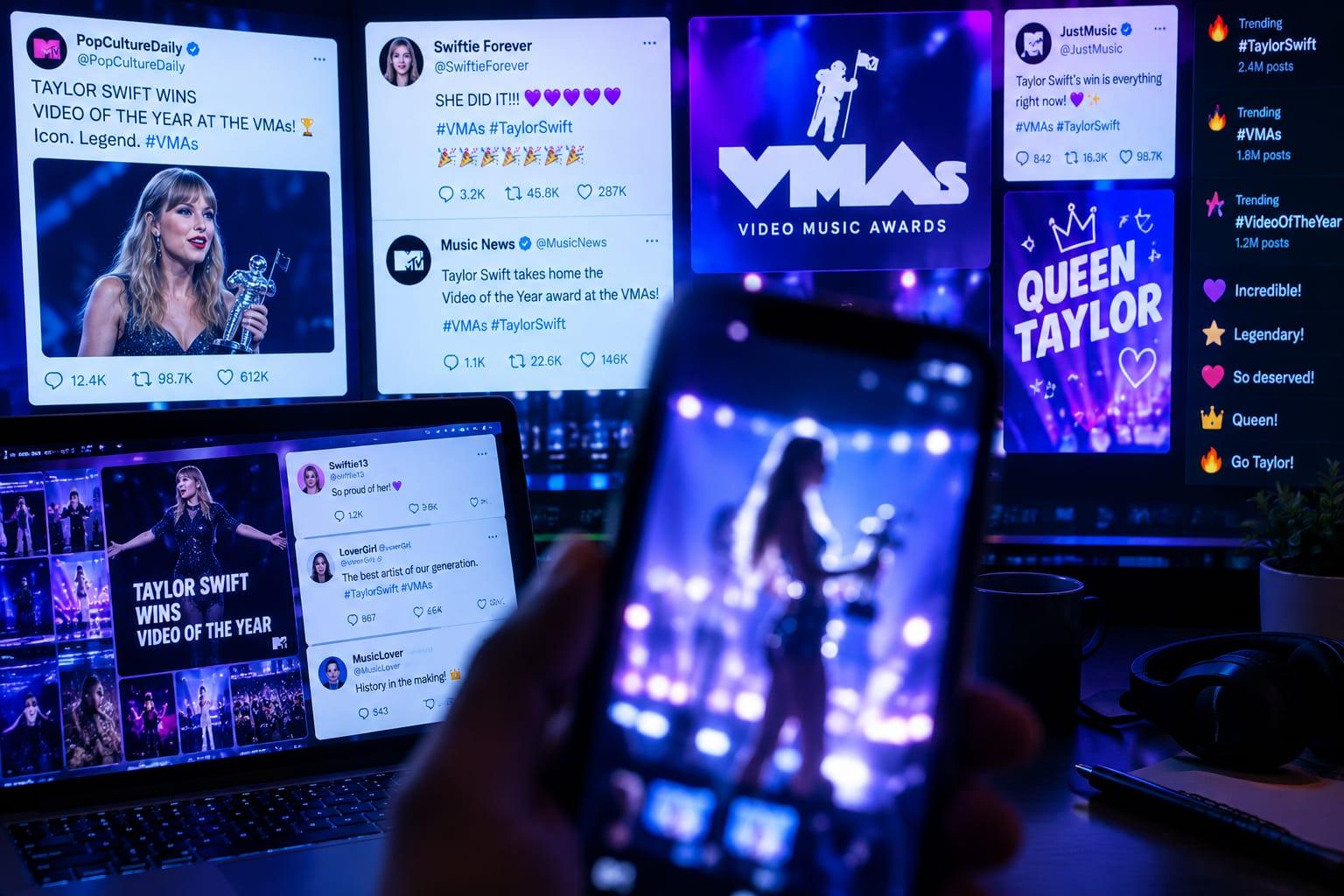 TAYLOR SWIFT REACTION SWAMPS VMAs AS FANS, ACCOUNTS TRADE CLAIMS OF RECORD NIGHT