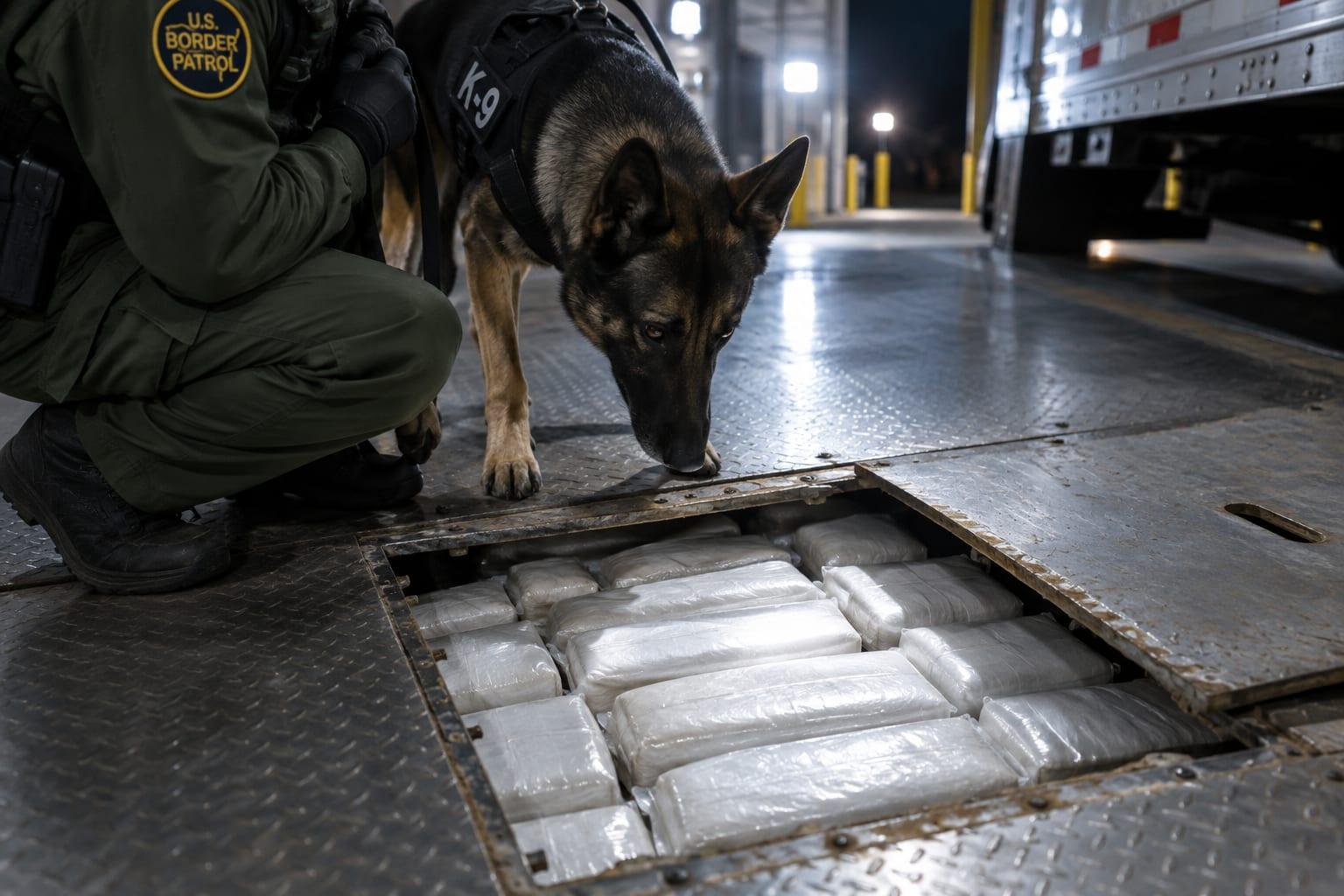 Heightened vigilance of border security illustrated by K-9 uncovering hidden narcotics.