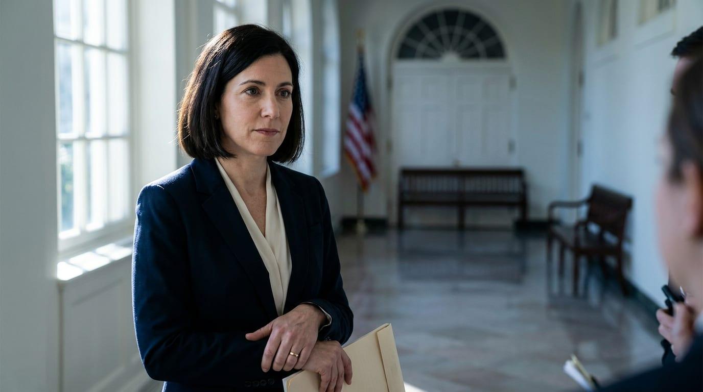 A press secretary steps into the briefing room spotlight.