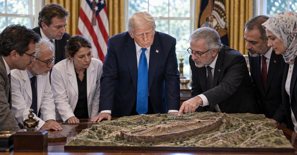 President Trump with researchers over a 3D Ark-formation model on the Resolute Desk.