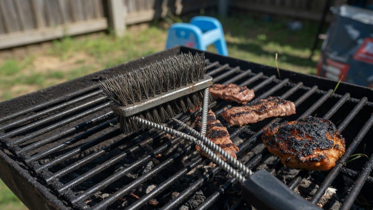 Metal bristles from grill brushes pose risks during outdoor food preparation.