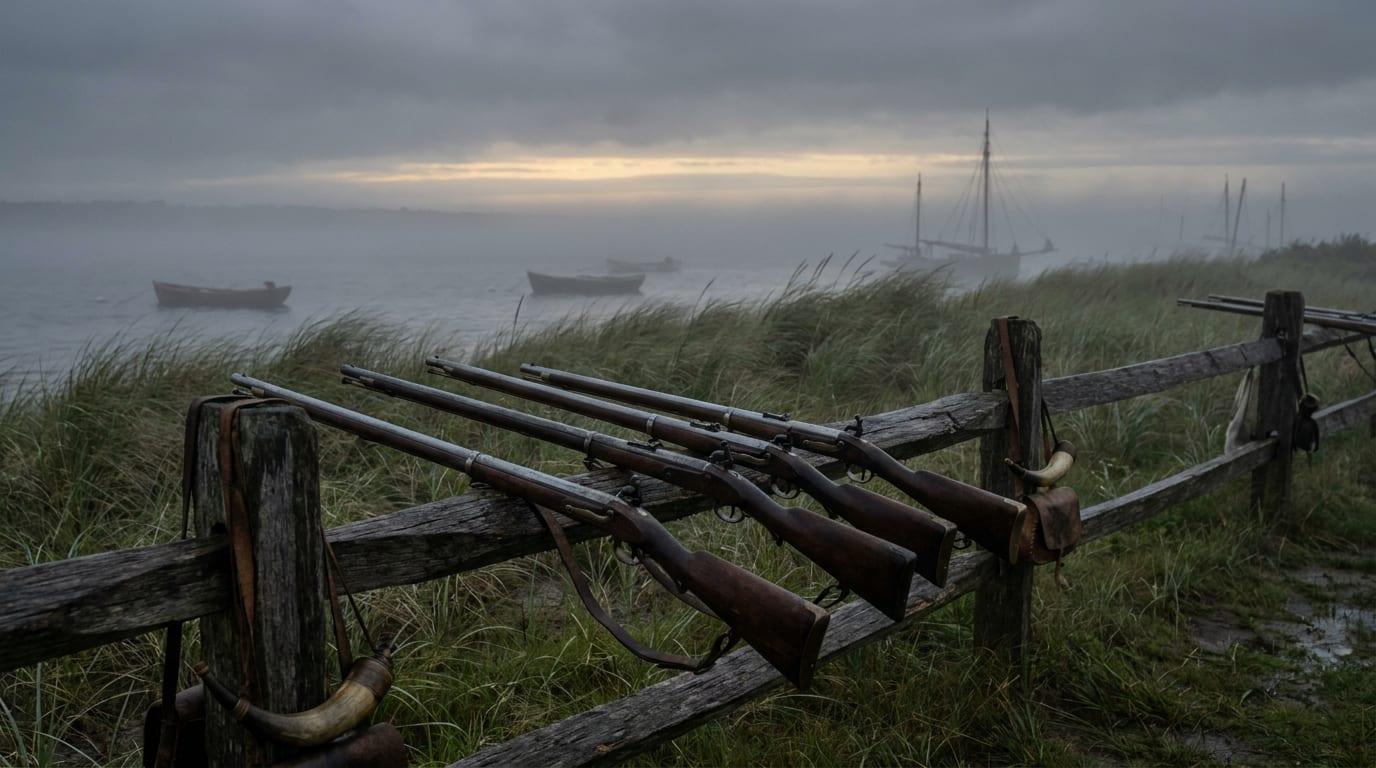 A colonial rifle ambush on a foggy shoreline during the fight for American independence.