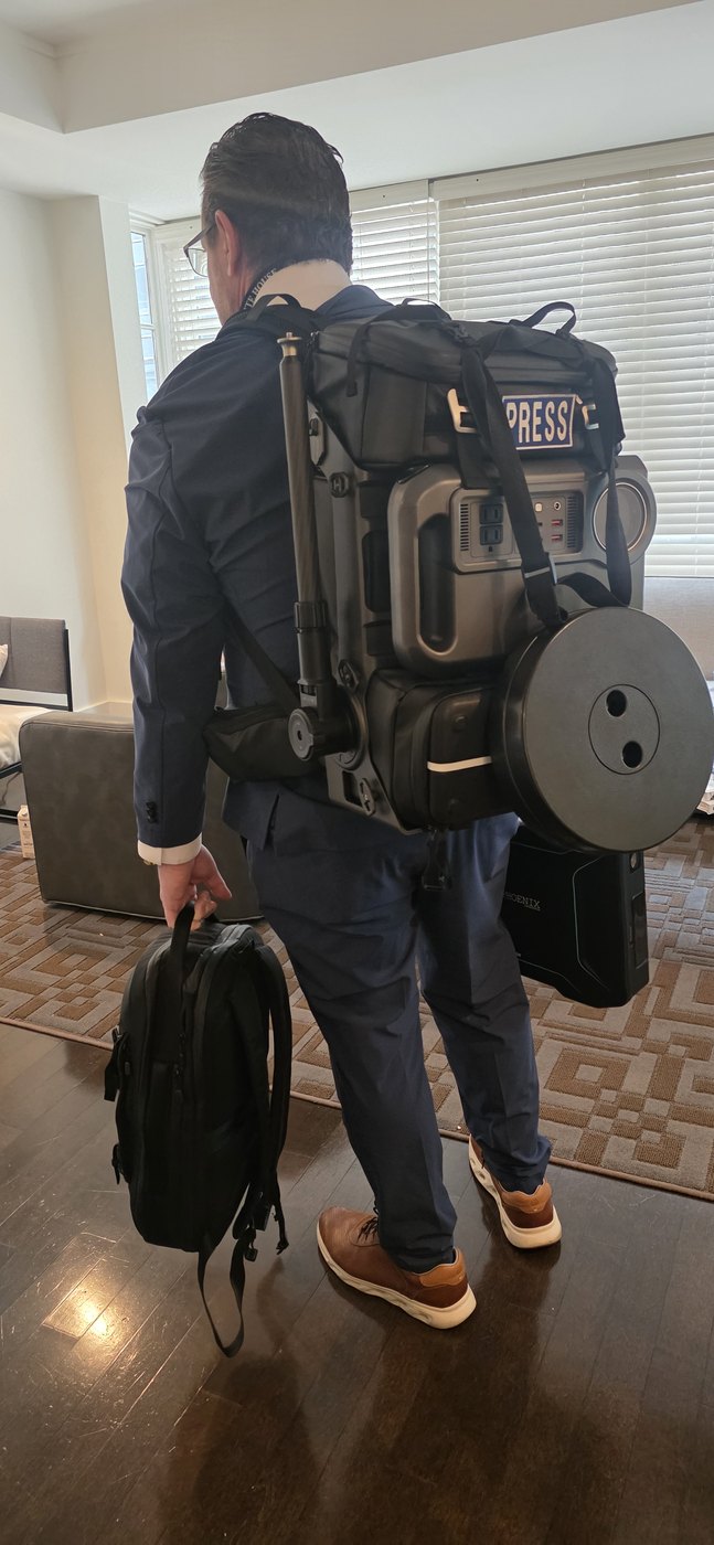 The entire broadcast kit worn as a backpack