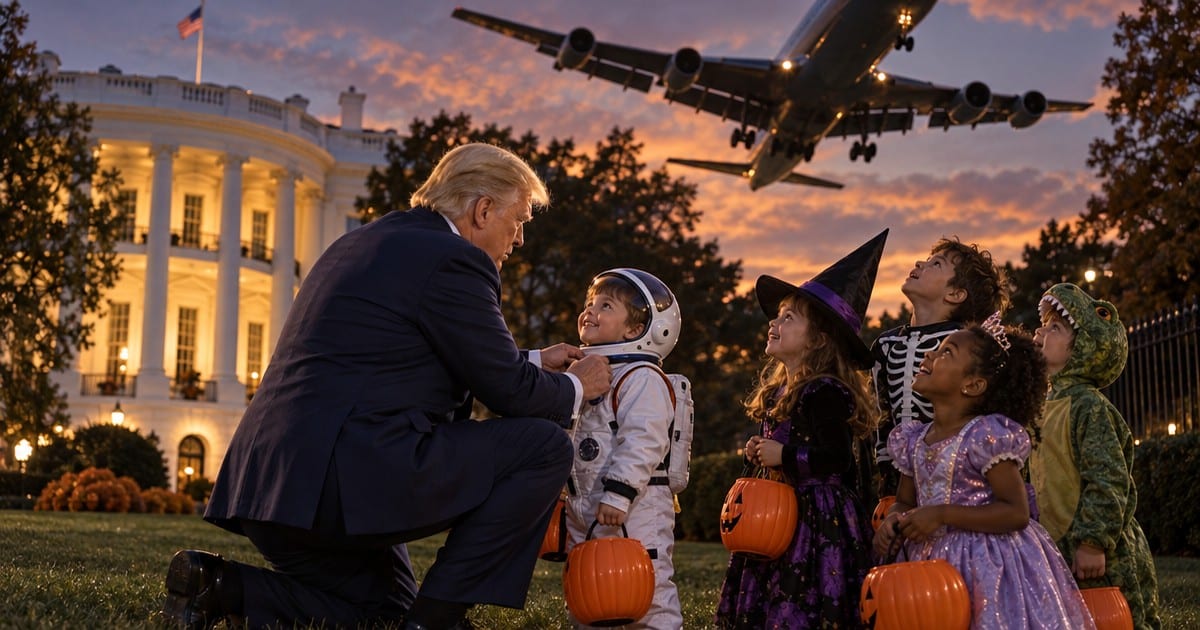 VICTORY: Air Force One THUNDERS Over White House as Trump Kneels to Sign Child's Halloween Costume