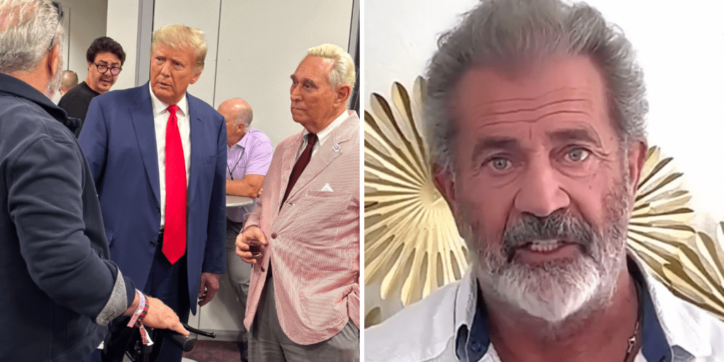 Trump Meets Hollywood Icon Mel Gibson: A Dynamic Encounter Amid Fight Night and Freedom Sounds.